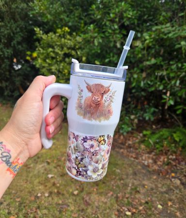 hairy-cow-tumbler-uk-gift.jpg Highland cow mini stanley style tumbler gift UK with cute fluffy hairy cow design