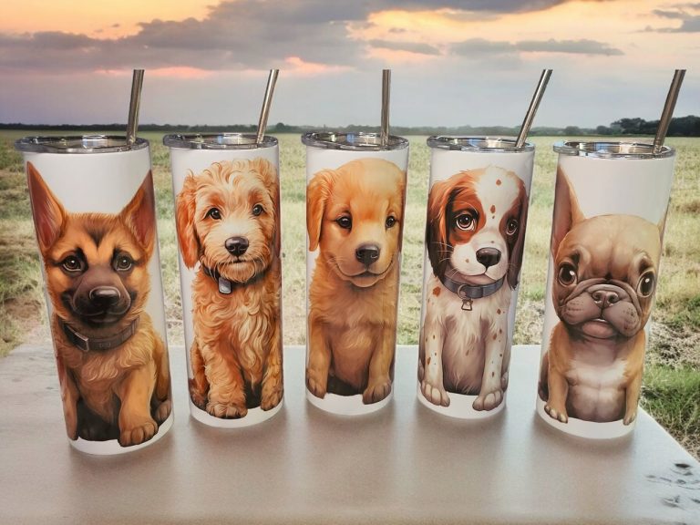 Cute puppy dogs, handprinted onto a 20 oz stainless steel, insulated tumbler.